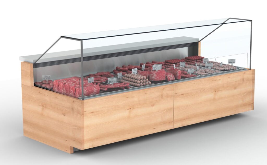 Eurocryer Panorama Meat Display and Serve-over with wood effect