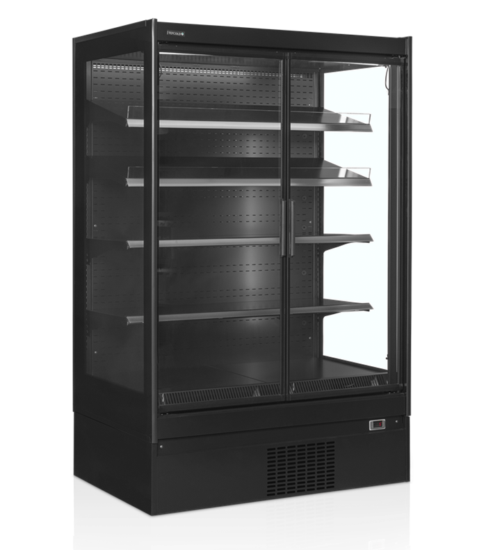 Multideck cooler with doors and adjustable shelves