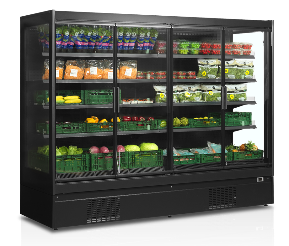 Large Multideck display cooler with doors.